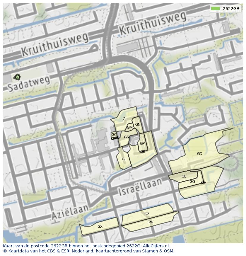 Afbeelding van het postcodegebied 2622 GR op de kaart.