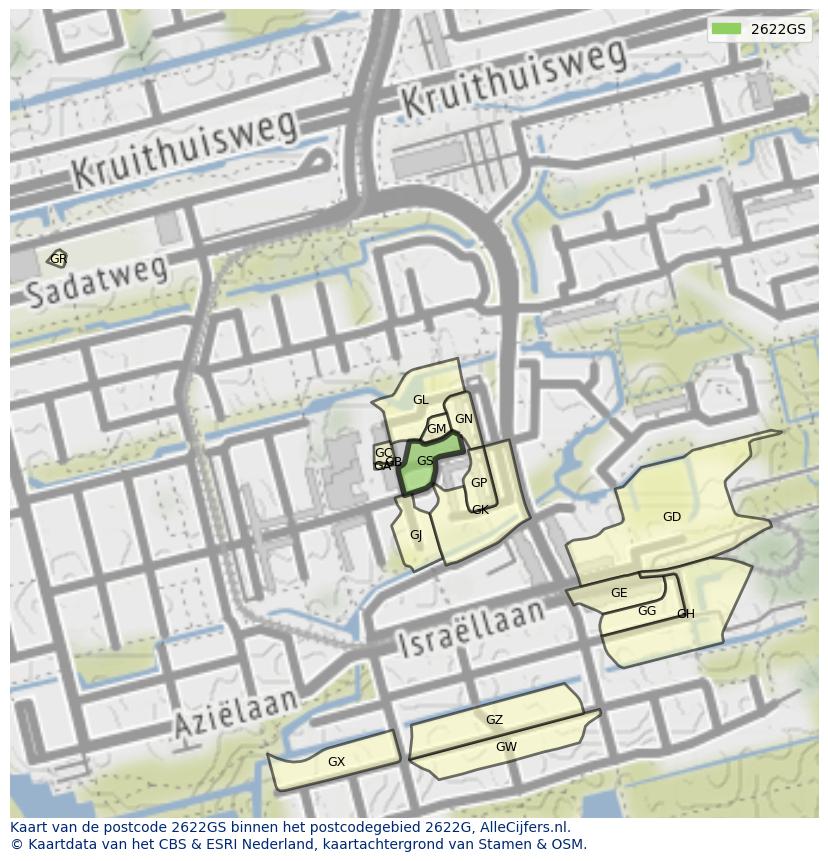 Afbeelding van het postcodegebied 2622 GS op de kaart.