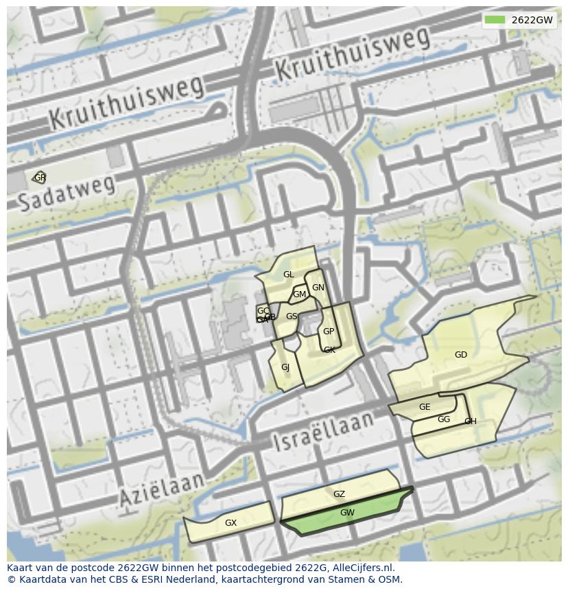 Afbeelding van het postcodegebied 2622 GW op de kaart.
