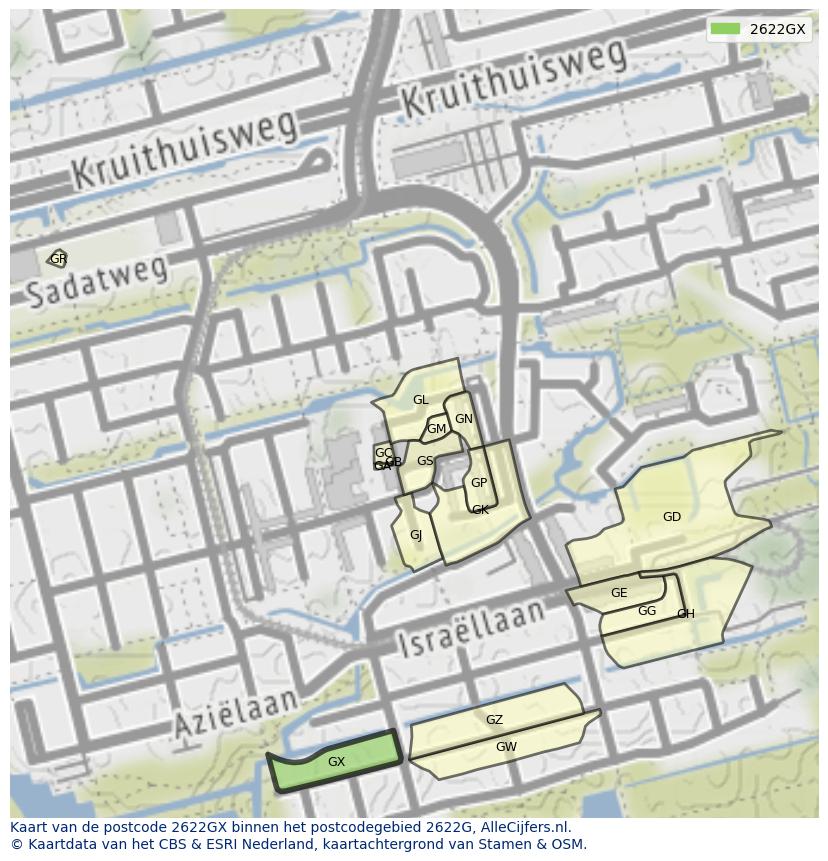 Afbeelding van het postcodegebied 2622 GX op de kaart.