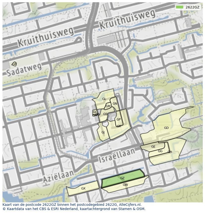 Afbeelding van het postcodegebied 2622 GZ op de kaart.