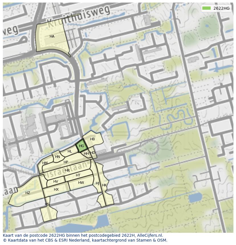 Afbeelding van het postcodegebied 2622 HG op de kaart.