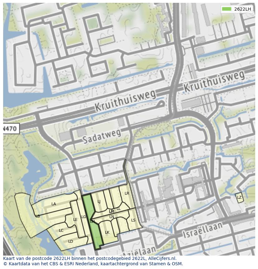 Afbeelding van het postcodegebied 2622 LH op de kaart.