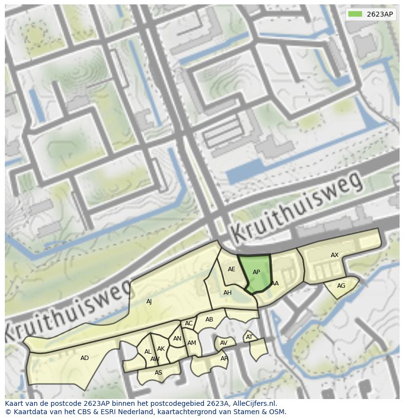 Afbeelding van het postcodegebied 2623 AP op de kaart.