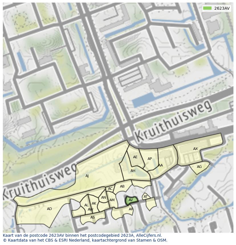 Afbeelding van het postcodegebied 2623 AV op de kaart.
