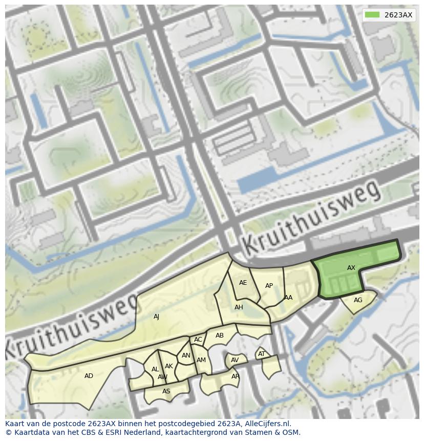 Afbeelding van het postcodegebied 2623 AX op de kaart.