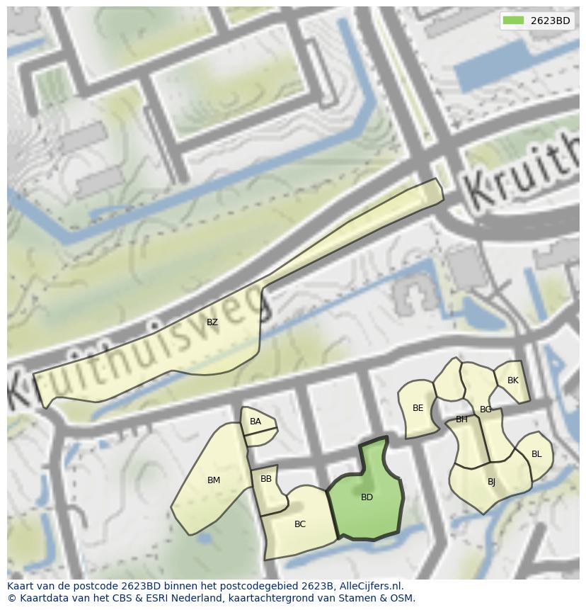 Afbeelding van het postcodegebied 2623 BD op de kaart.
