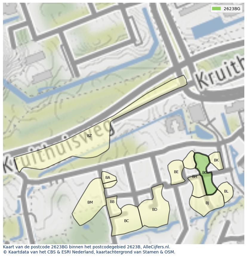 Afbeelding van het postcodegebied 2623 BG op de kaart.