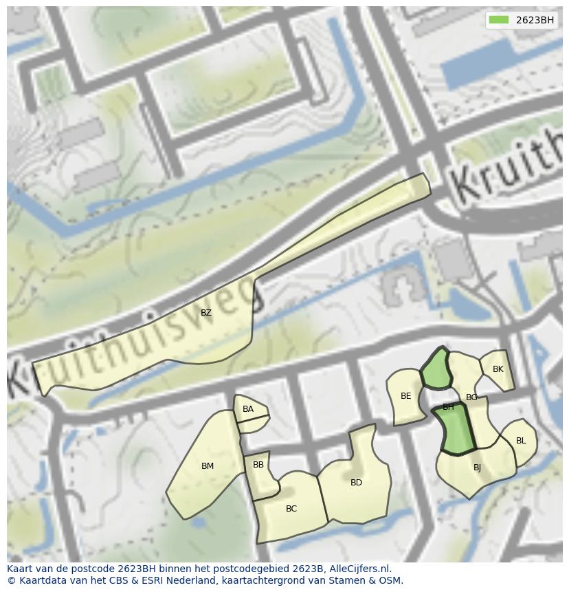 Afbeelding van het postcodegebied 2623 BH op de kaart.