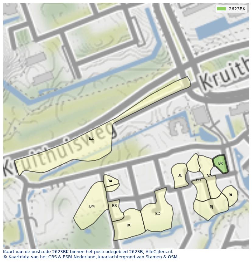Afbeelding van het postcodegebied 2623 BK op de kaart.