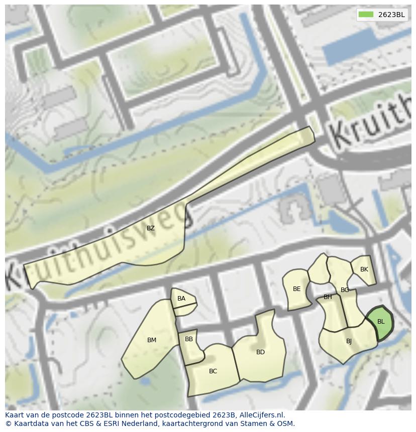 Afbeelding van het postcodegebied 2623 BL op de kaart.
