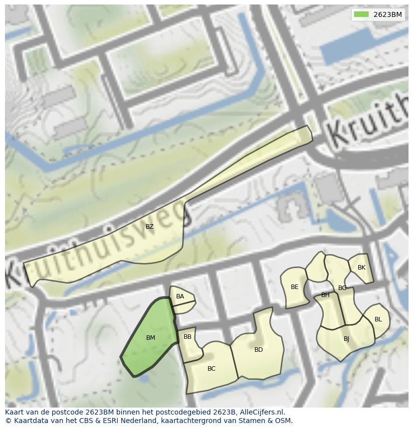 Afbeelding van het postcodegebied 2623 BM op de kaart.