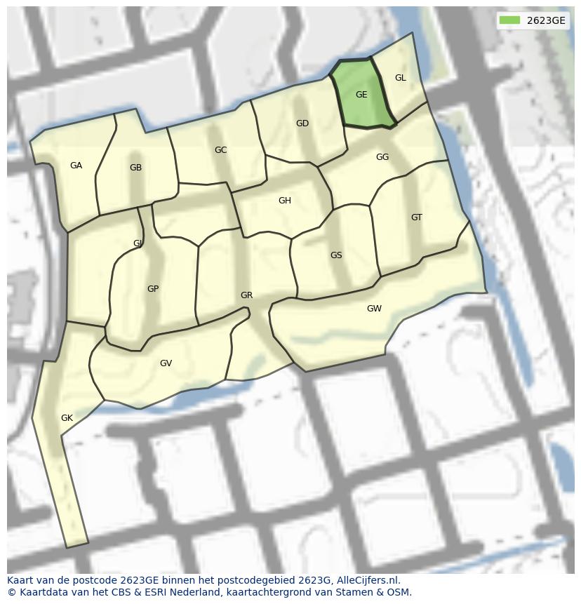 Afbeelding van het postcodegebied 2623 GE op de kaart.