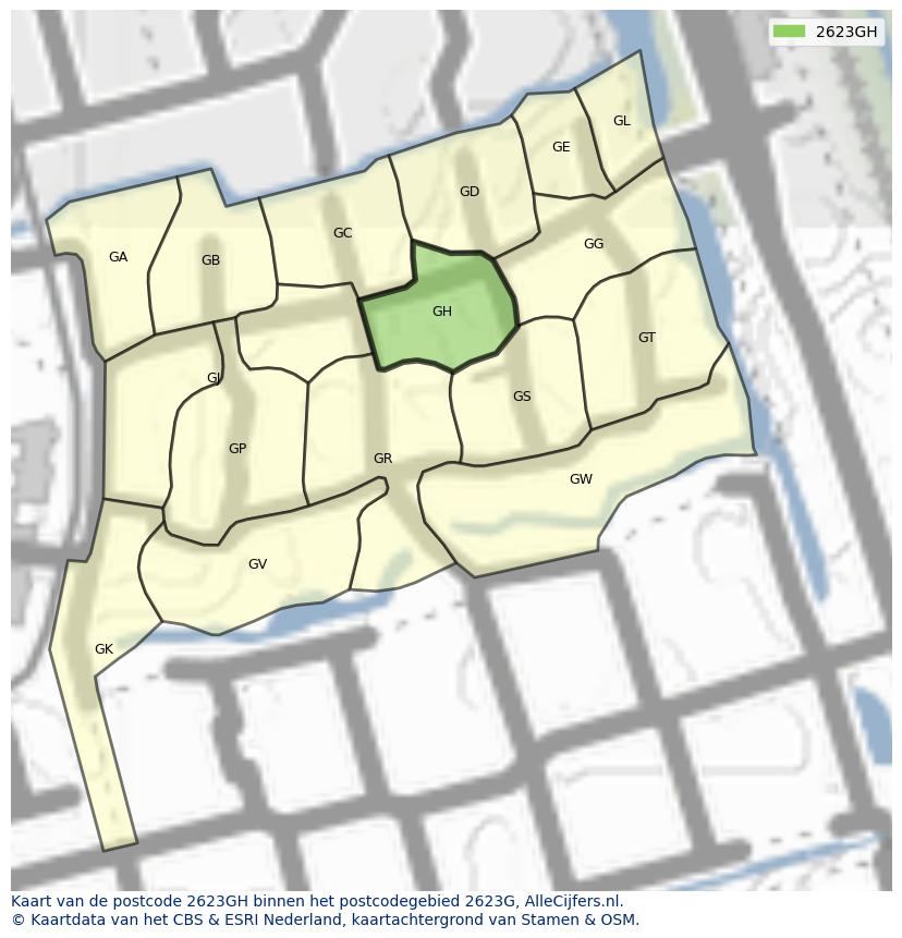 Afbeelding van het postcodegebied 2623 GH op de kaart.