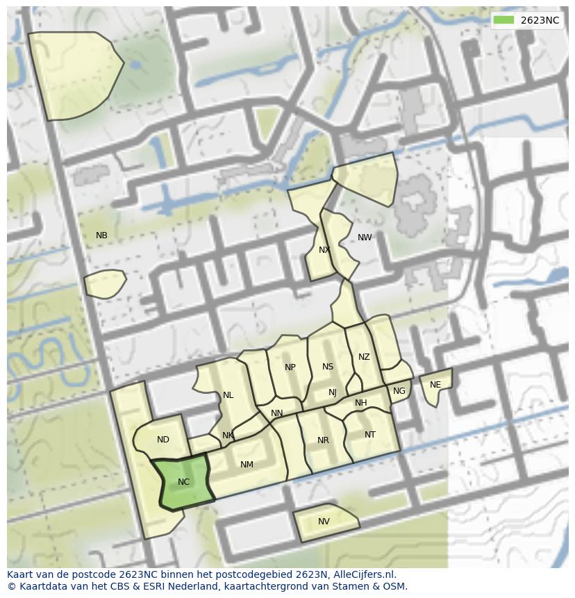 Afbeelding van het postcodegebied 2623 NC op de kaart.