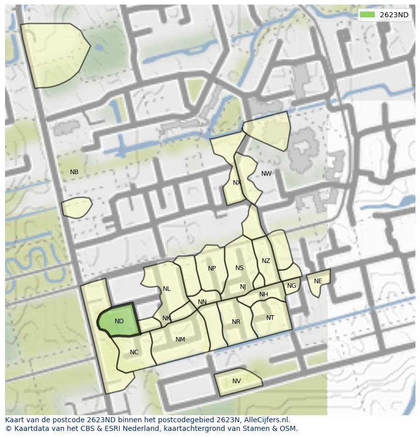 Afbeelding van het postcodegebied 2623 ND op de kaart.