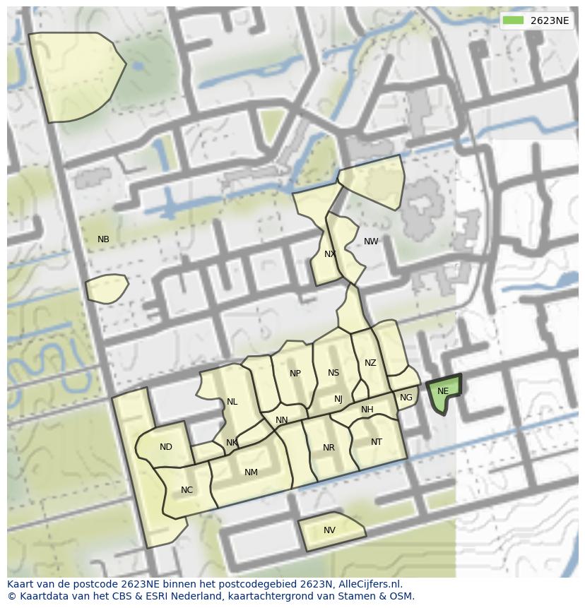 Afbeelding van het postcodegebied 2623 NE op de kaart.
