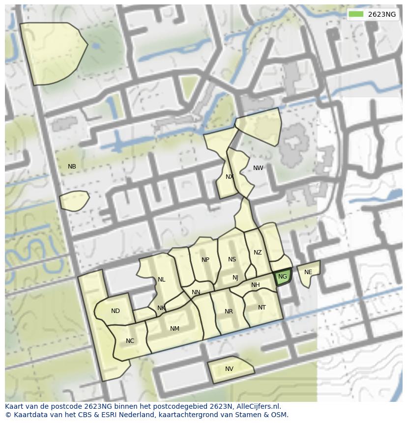 Afbeelding van het postcodegebied 2623 NG op de kaart.