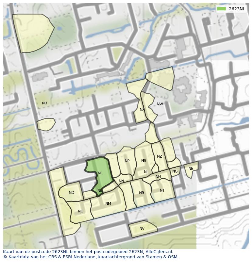 Afbeelding van het postcodegebied 2623 NL op de kaart.
