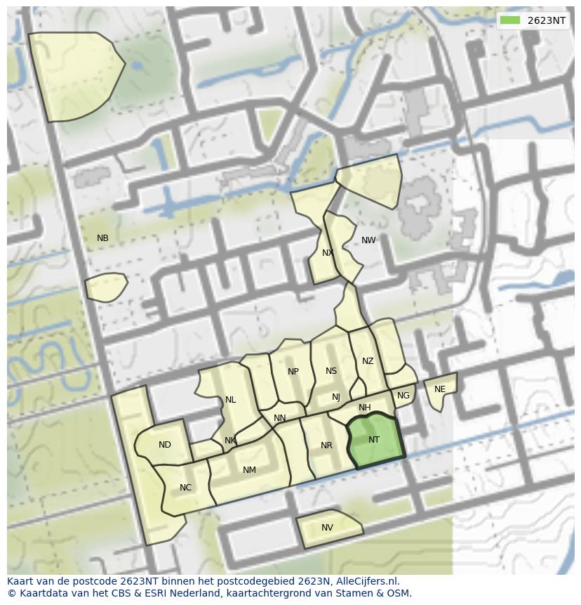 Afbeelding van het postcodegebied 2623 NT op de kaart.