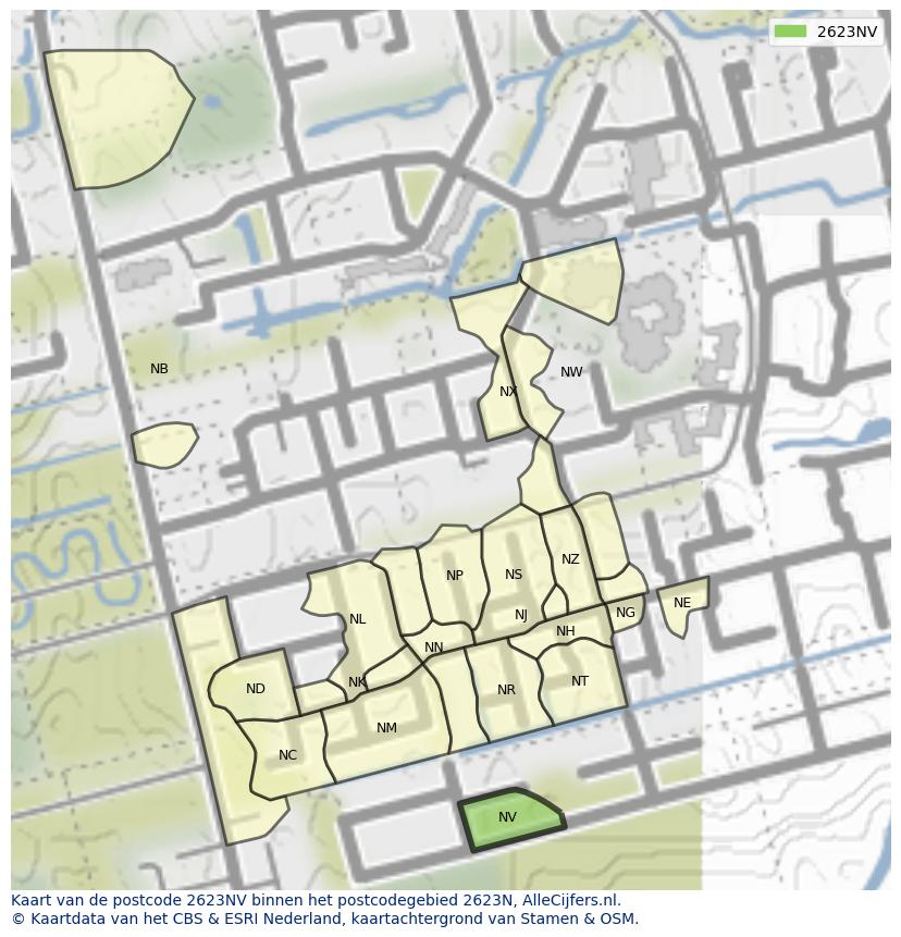 Afbeelding van het postcodegebied 2623 NV op de kaart.