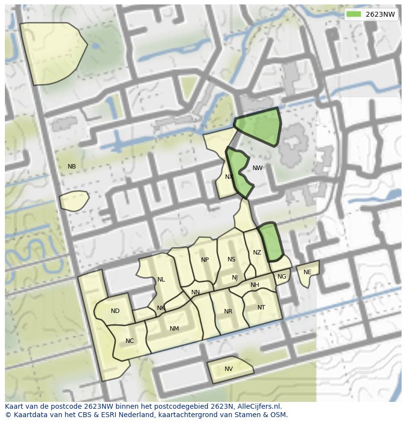 Afbeelding van het postcodegebied 2623 NW op de kaart.