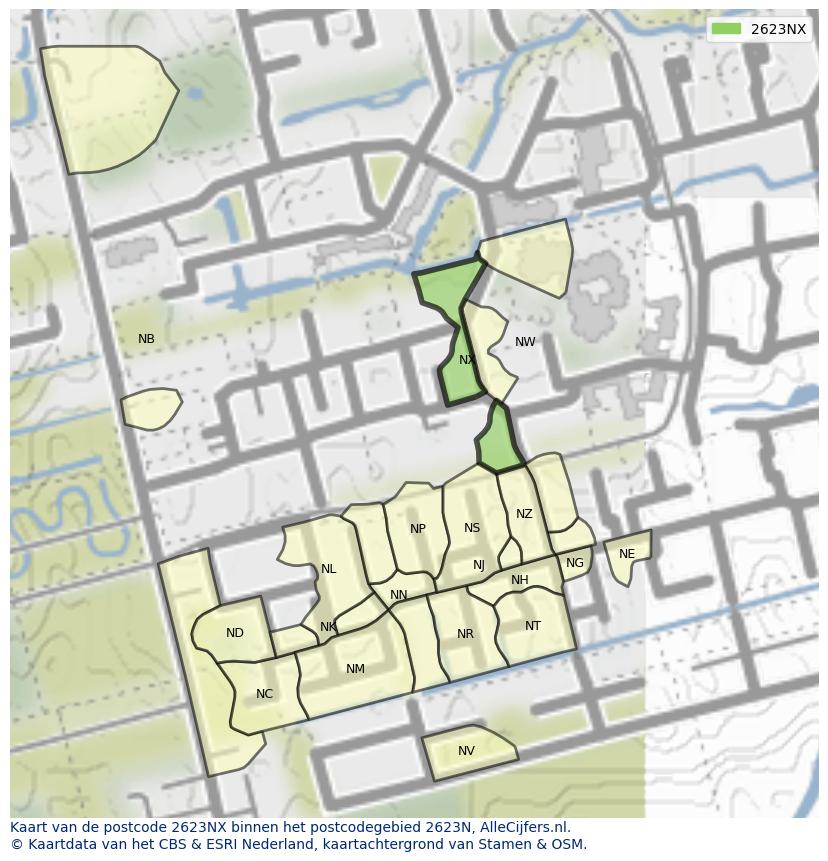 Afbeelding van het postcodegebied 2623 NX op de kaart.