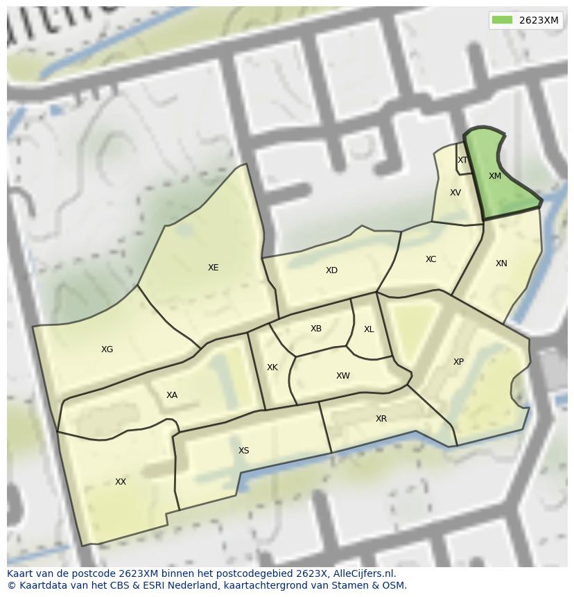 Afbeelding van het postcodegebied 2623 XM op de kaart.