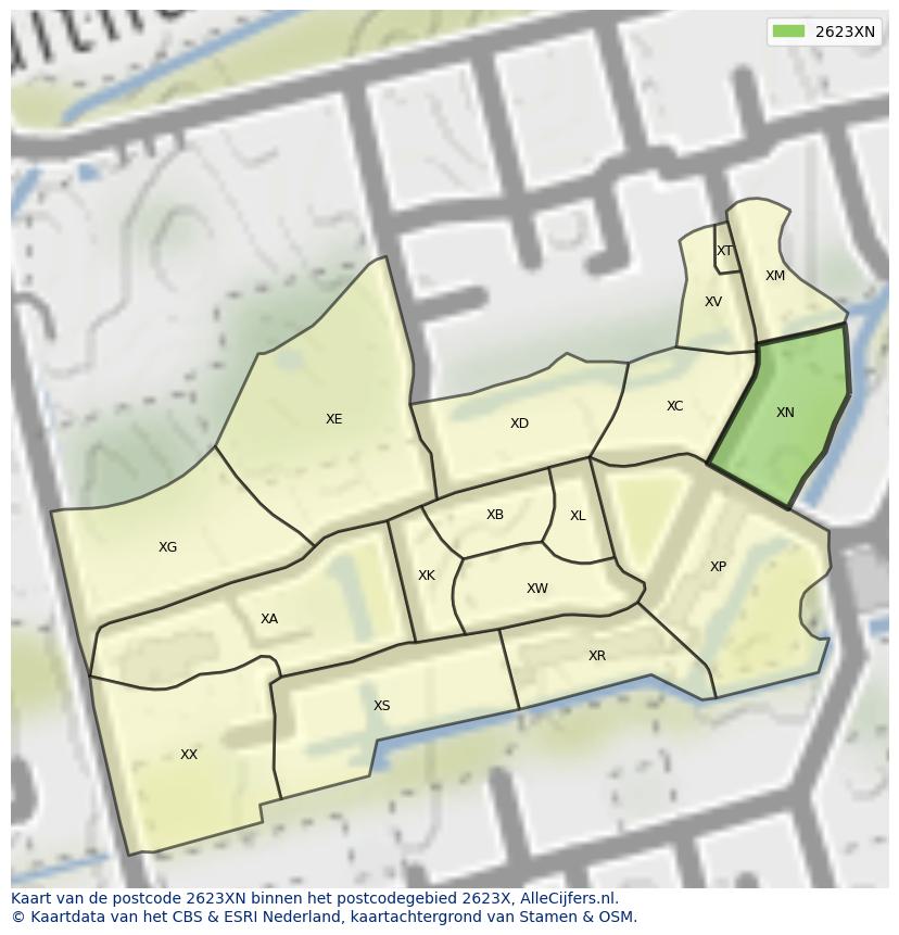 Afbeelding van het postcodegebied 2623 XN op de kaart.