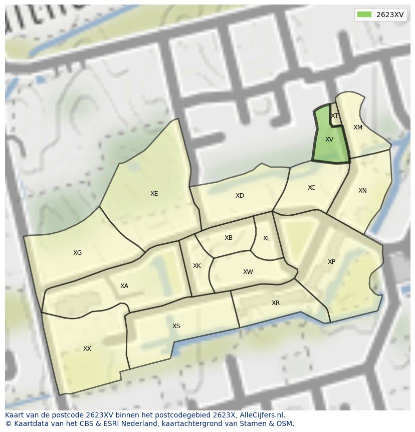 Afbeelding van het postcodegebied 2623 XV op de kaart.