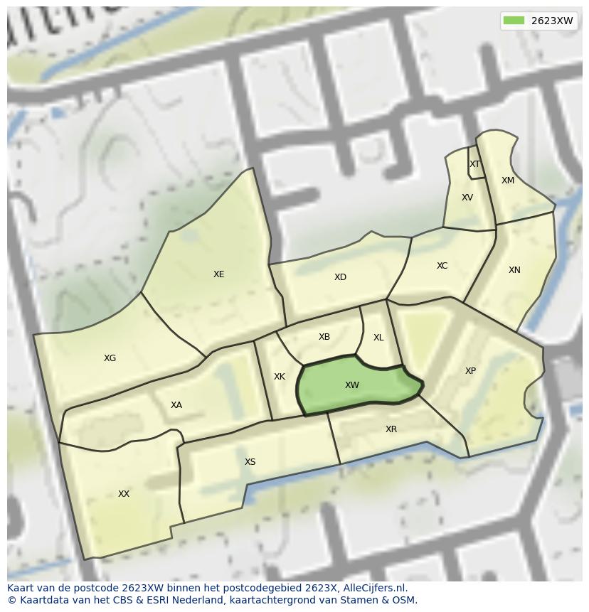 Afbeelding van het postcodegebied 2623 XW op de kaart.