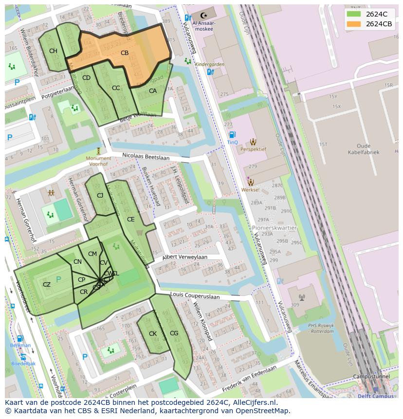 Afbeelding van het postcodegebied 2624 CB op de kaart.