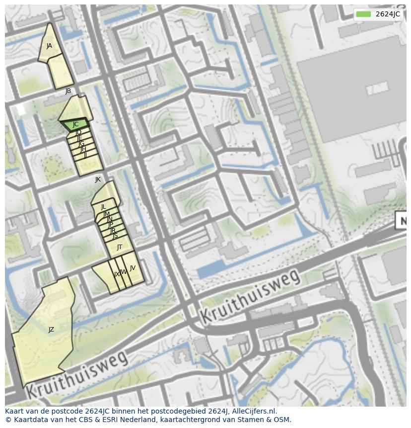 Afbeelding van het postcodegebied 2624 JC op de kaart.