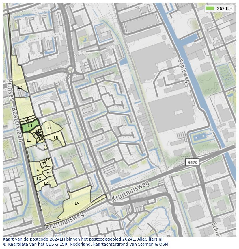 Afbeelding van het postcodegebied 2624 LH op de kaart.