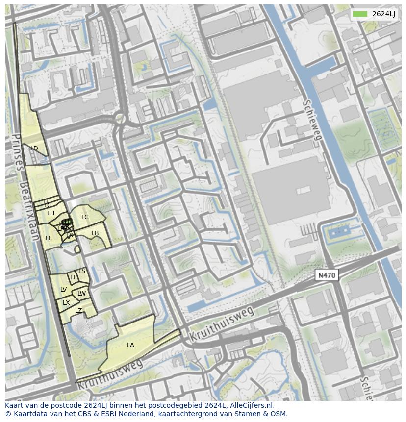 Afbeelding van het postcodegebied 2624 LJ op de kaart.