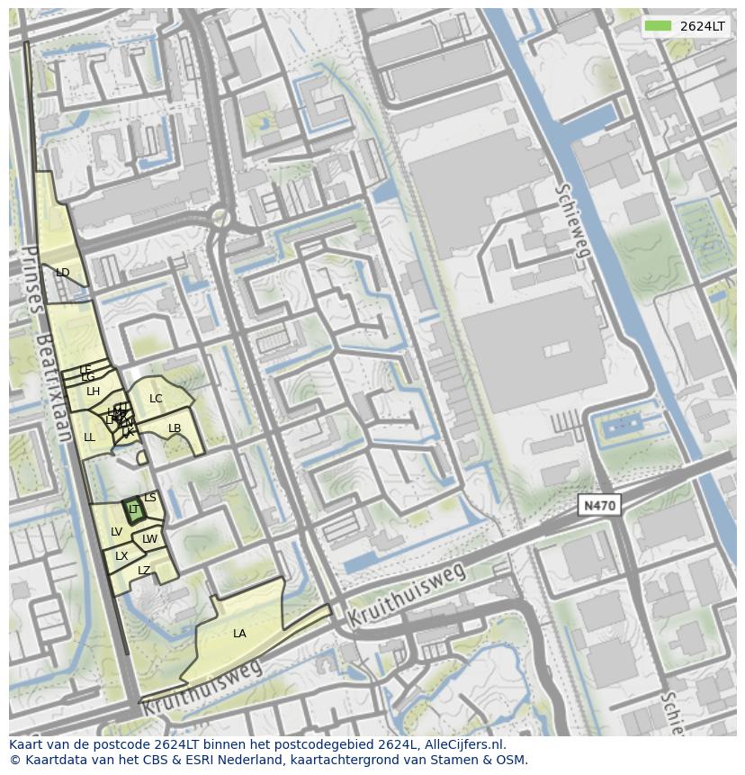 Afbeelding van het postcodegebied 2624 LT op de kaart.