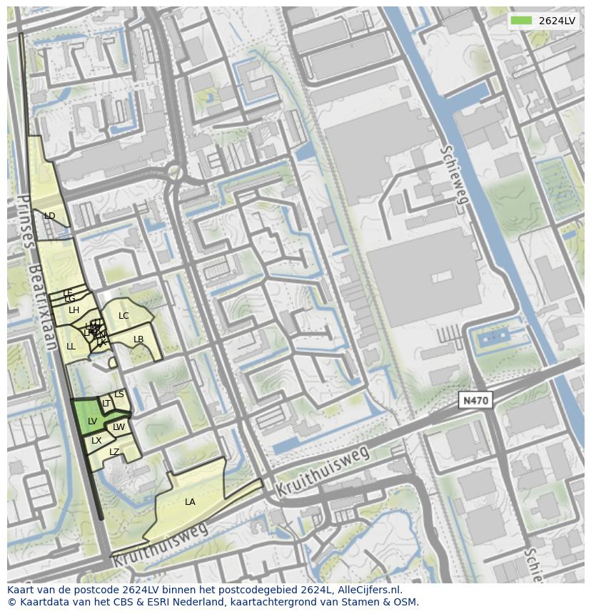 Afbeelding van het postcodegebied 2624 LV op de kaart.