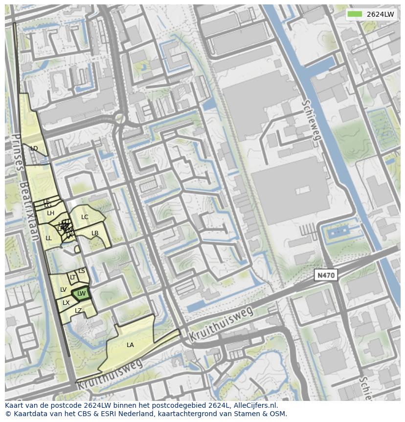 Afbeelding van het postcodegebied 2624 LW op de kaart.