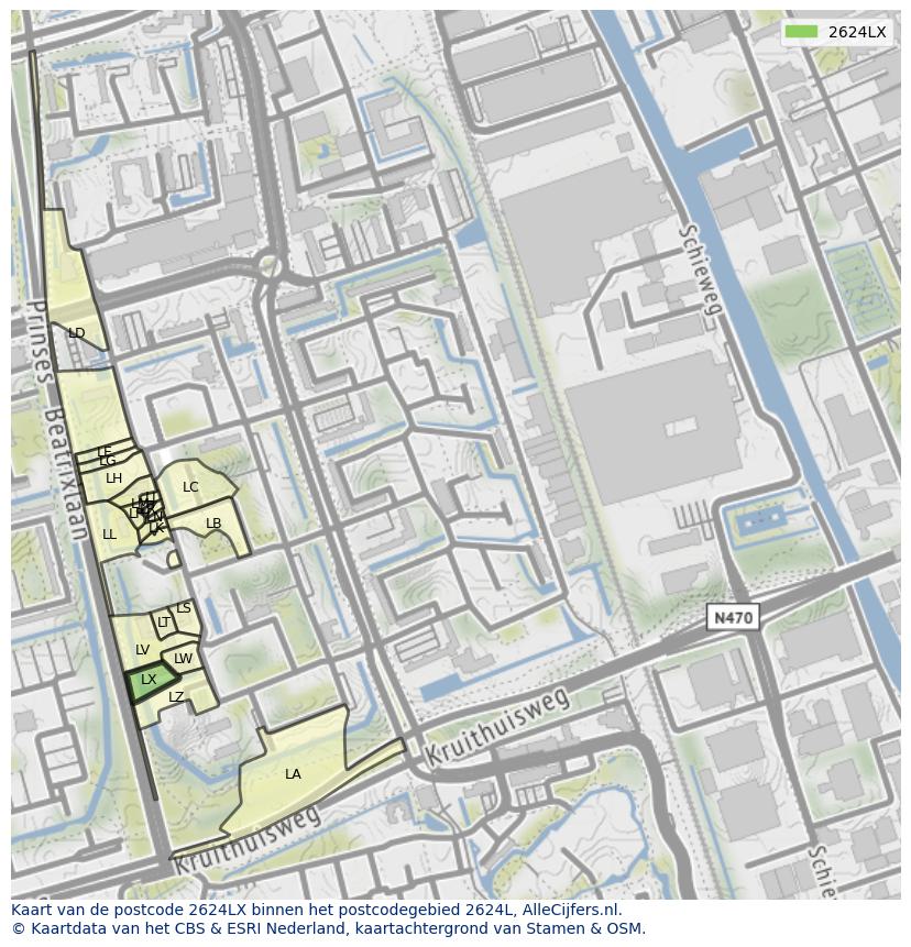 Afbeelding van het postcodegebied 2624 LX op de kaart.