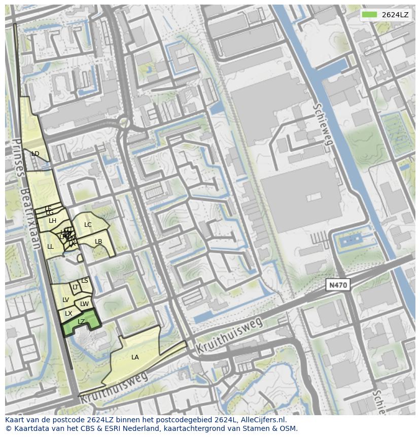 Afbeelding van het postcodegebied 2624 LZ op de kaart.