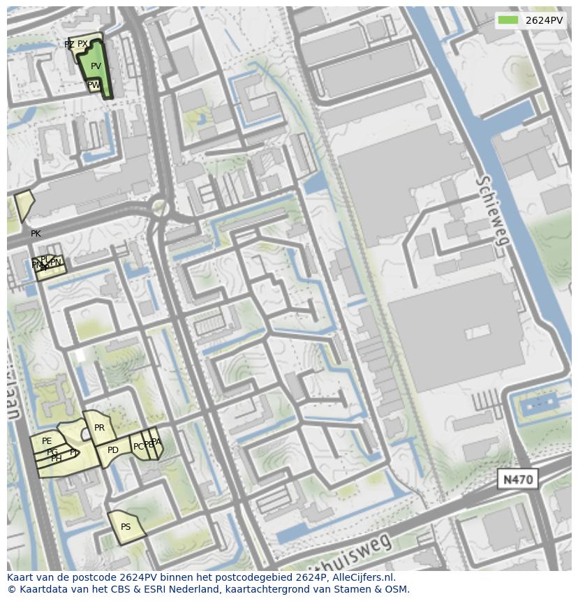 Afbeelding van het postcodegebied 2624 PV op de kaart.