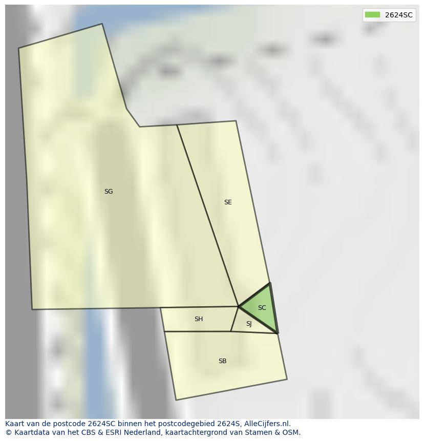 Afbeelding van het postcodegebied 2624 SC op de kaart.