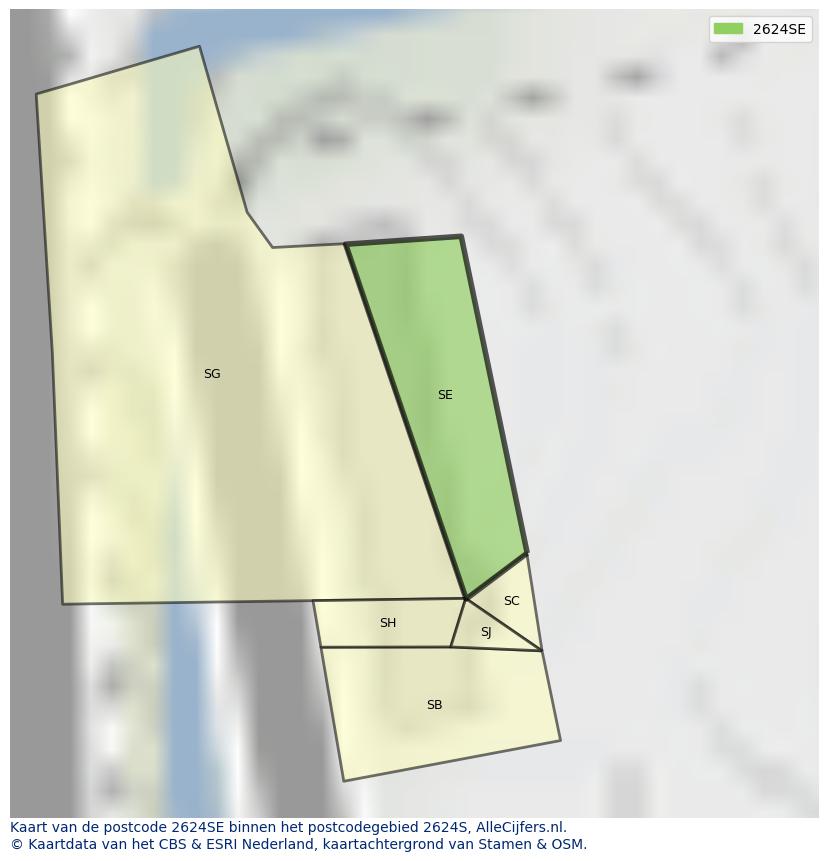 Afbeelding van het postcodegebied 2624 SE op de kaart.