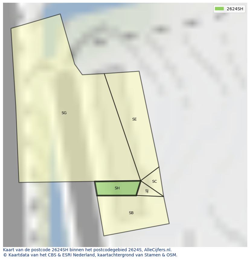 Afbeelding van het postcodegebied 2624 SH op de kaart.
