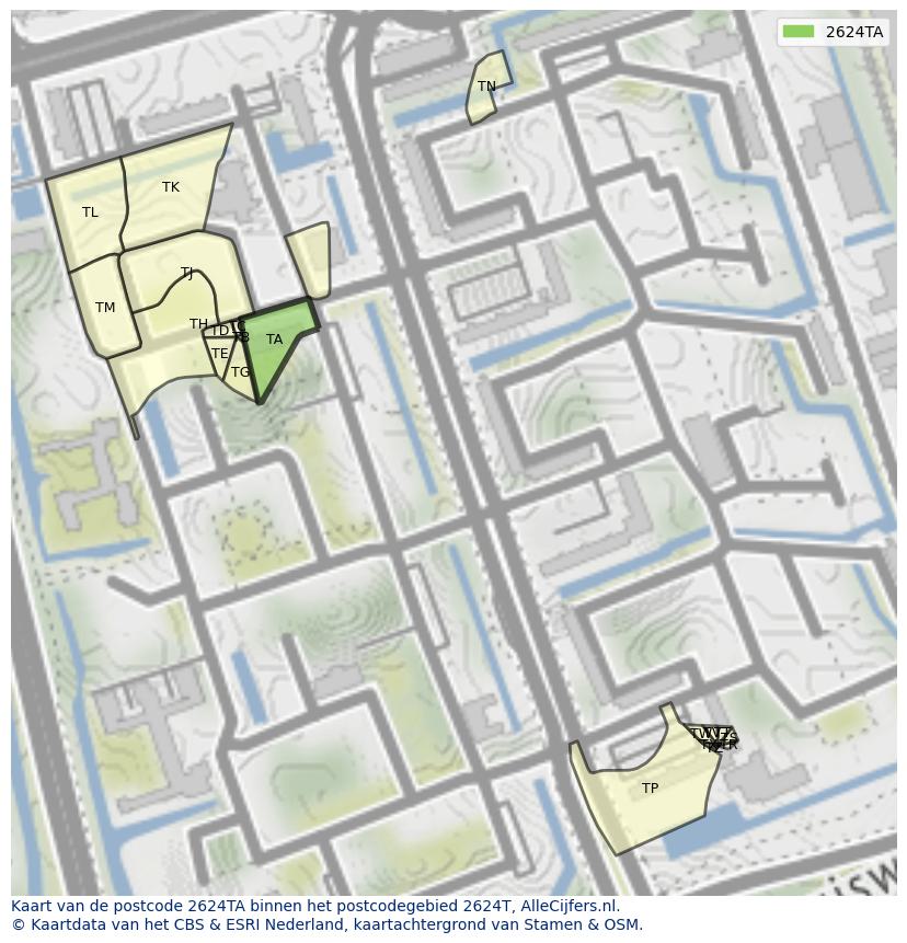 Afbeelding van het postcodegebied 2624 TA op de kaart.
