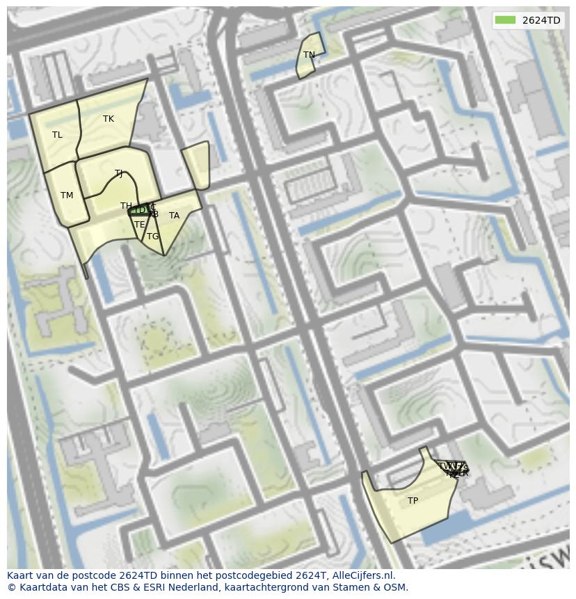 Afbeelding van het postcodegebied 2624 TD op de kaart.