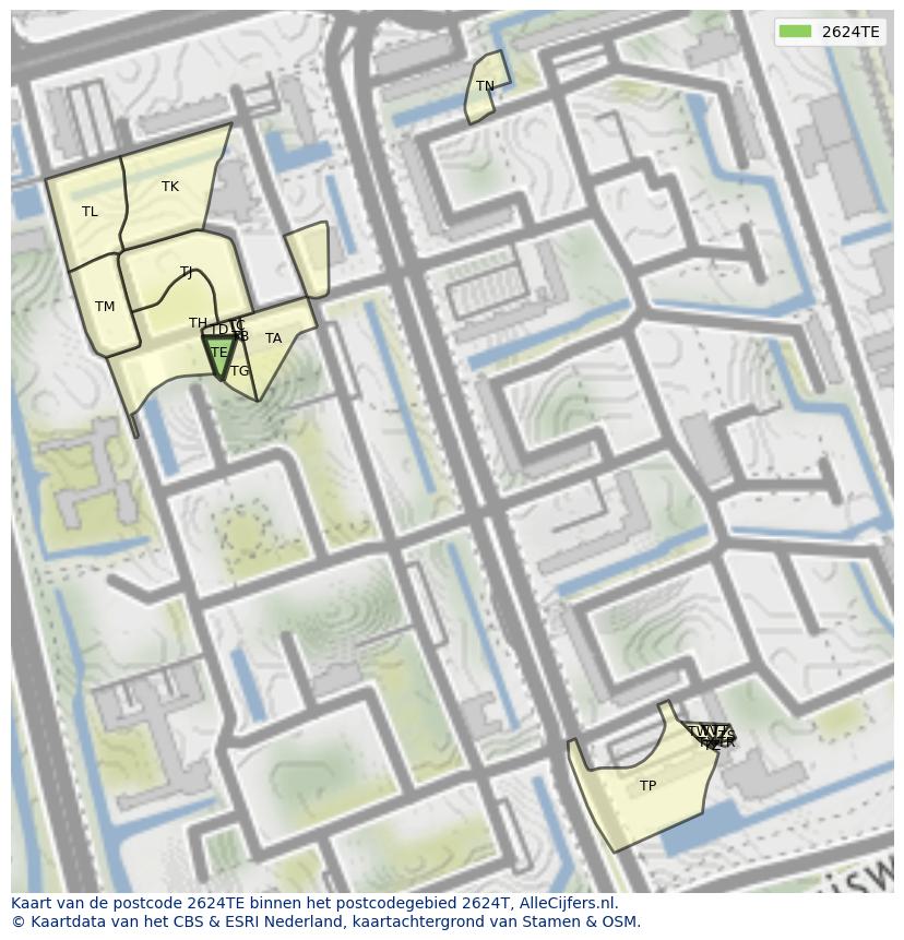 Afbeelding van het postcodegebied 2624 TE op de kaart.
