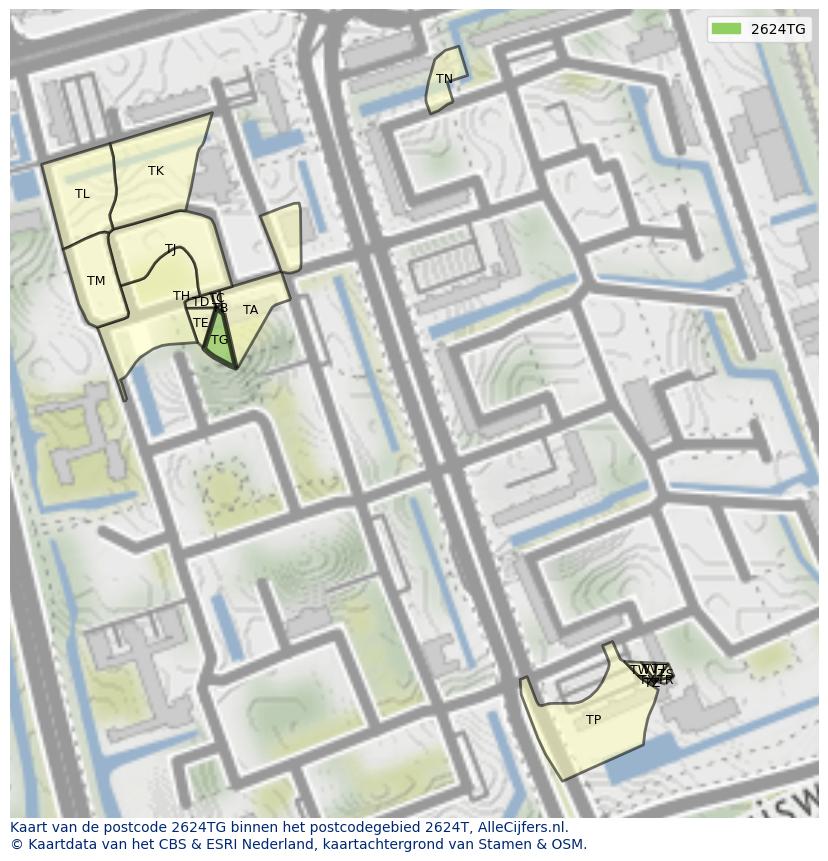 Afbeelding van het postcodegebied 2624 TG op de kaart.