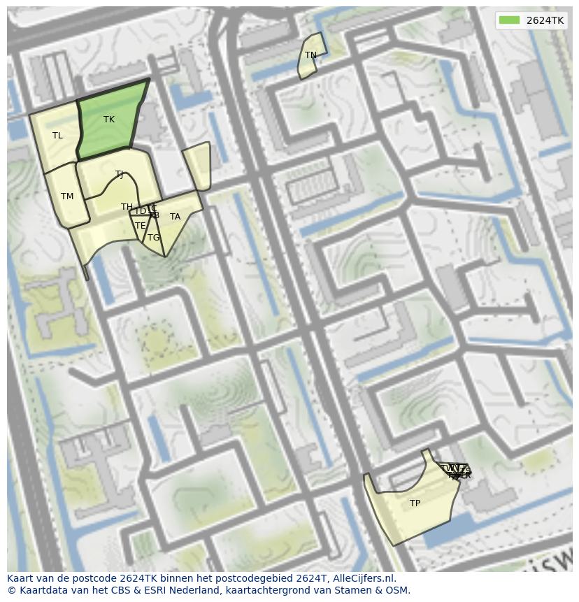 Afbeelding van het postcodegebied 2624 TK op de kaart.