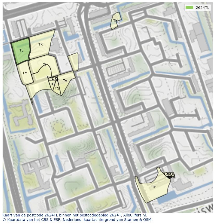 Afbeelding van het postcodegebied 2624 TL op de kaart.